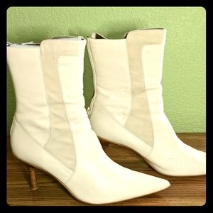 Beige 2' heeled short boot with suede inset.